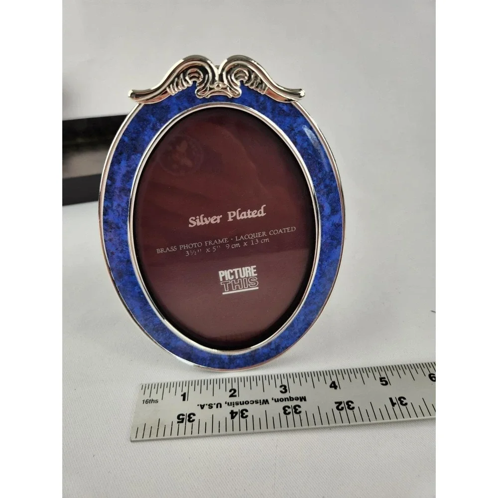 Vtg Picture This Silver Plated 3.5x5 Brass Photo Frame Lacquer Coated Blue Oval‎